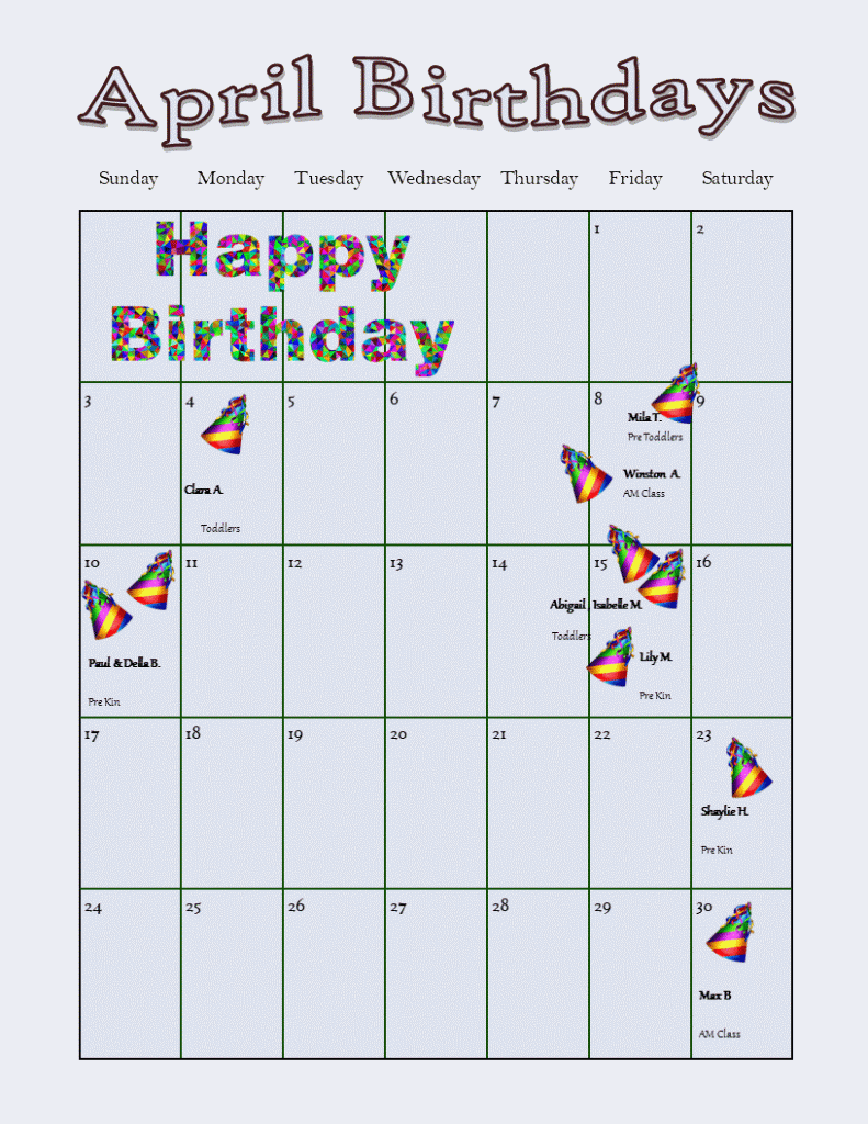 Birthday Calendar North Wall Schools
