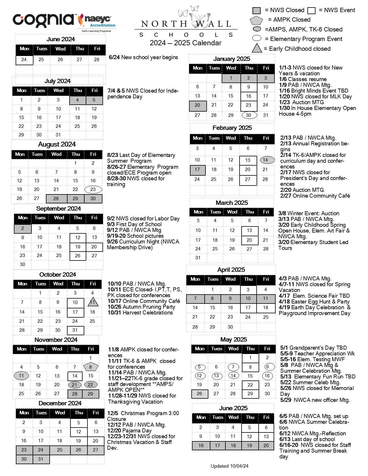 Calendar North Wall Schools